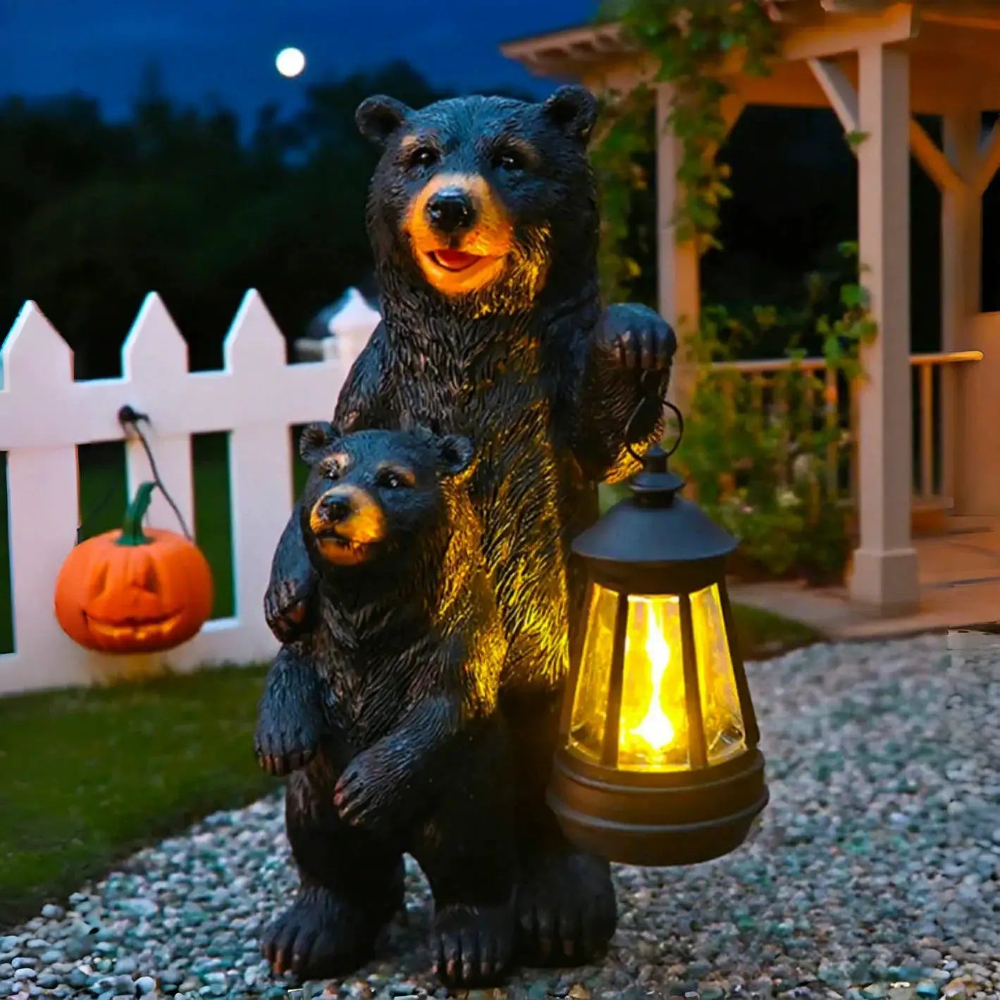 Outdoor Garden Solar Statue Light, Garden Bear Statue with Solar Lantern, Outdoor black bear mother and son lantern decoration from PriceLows™