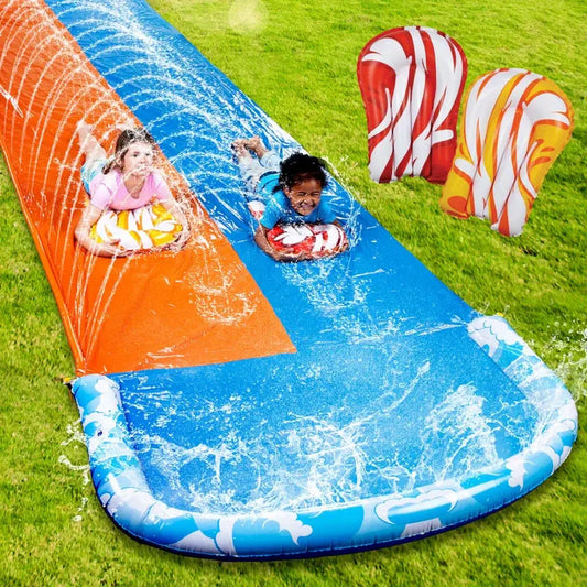 Inflatable Water Slide | 32.5ft Length | Dual Racing Lanes | 2 Boards Included