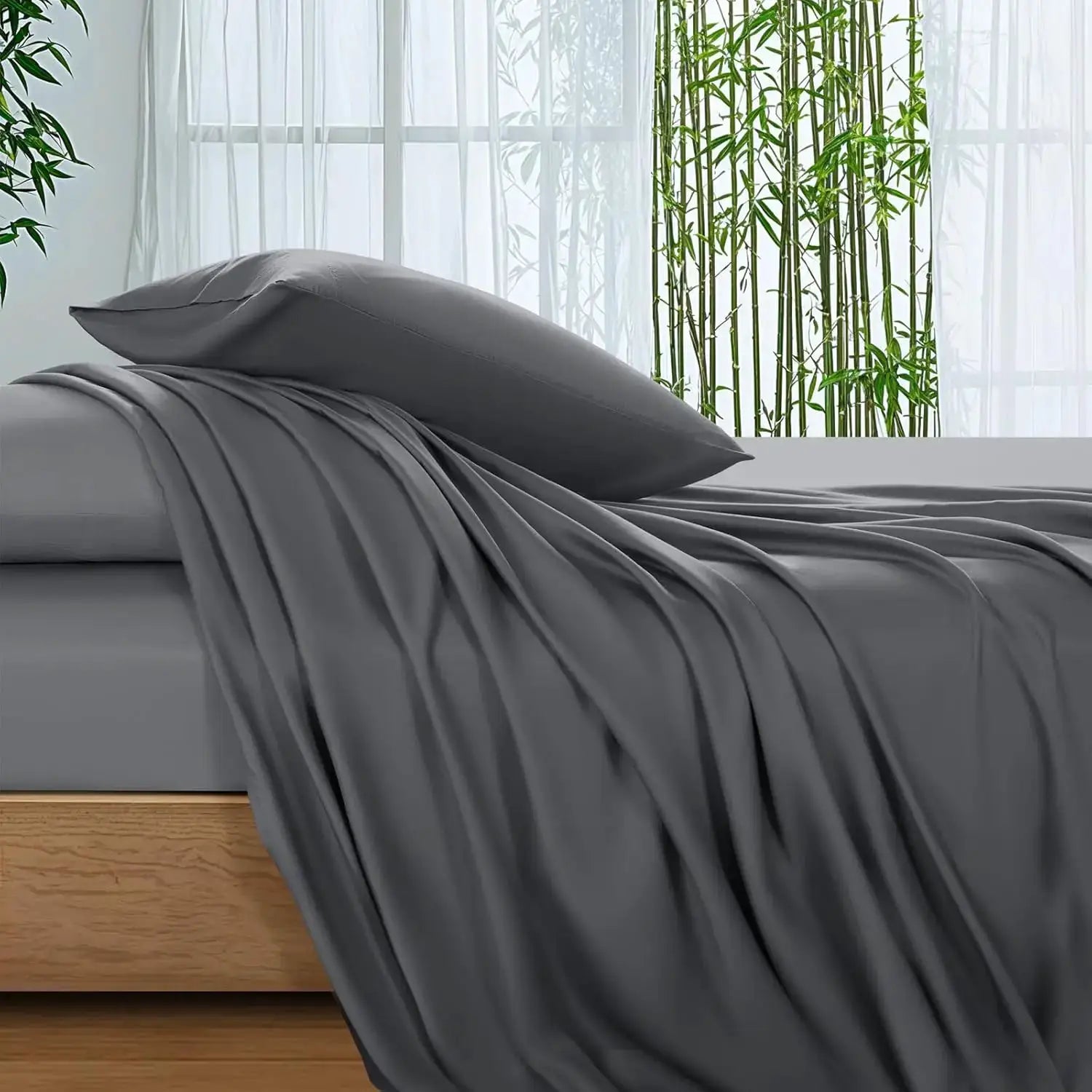 Queen Size Bamboo Sheets - Ultra Breathable & Cooling Bed Sheets for Hot Sleepers, 16" Deep Pocket - 4PC (Dark Grey) from PriceLows™