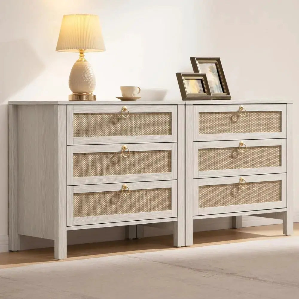 Pair of Large Boho-Style Rattan Nightstands for Bedroom from PriceLows™