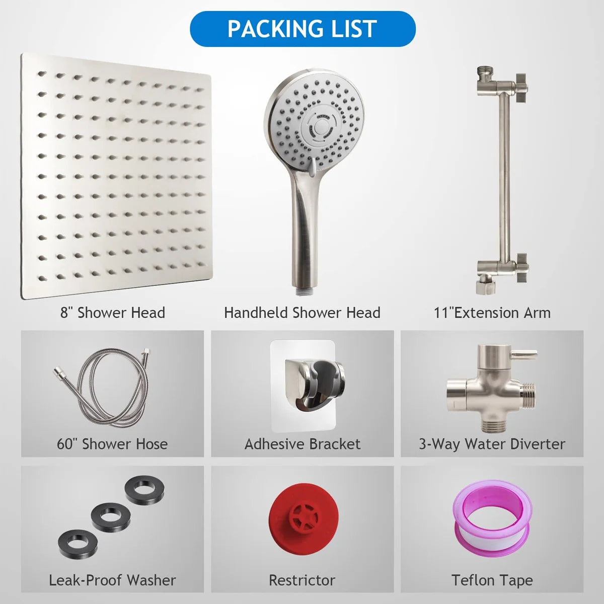Showerhead Set | 8/10 Inch | 5 Modes | Wall Mounted With Extension Arm