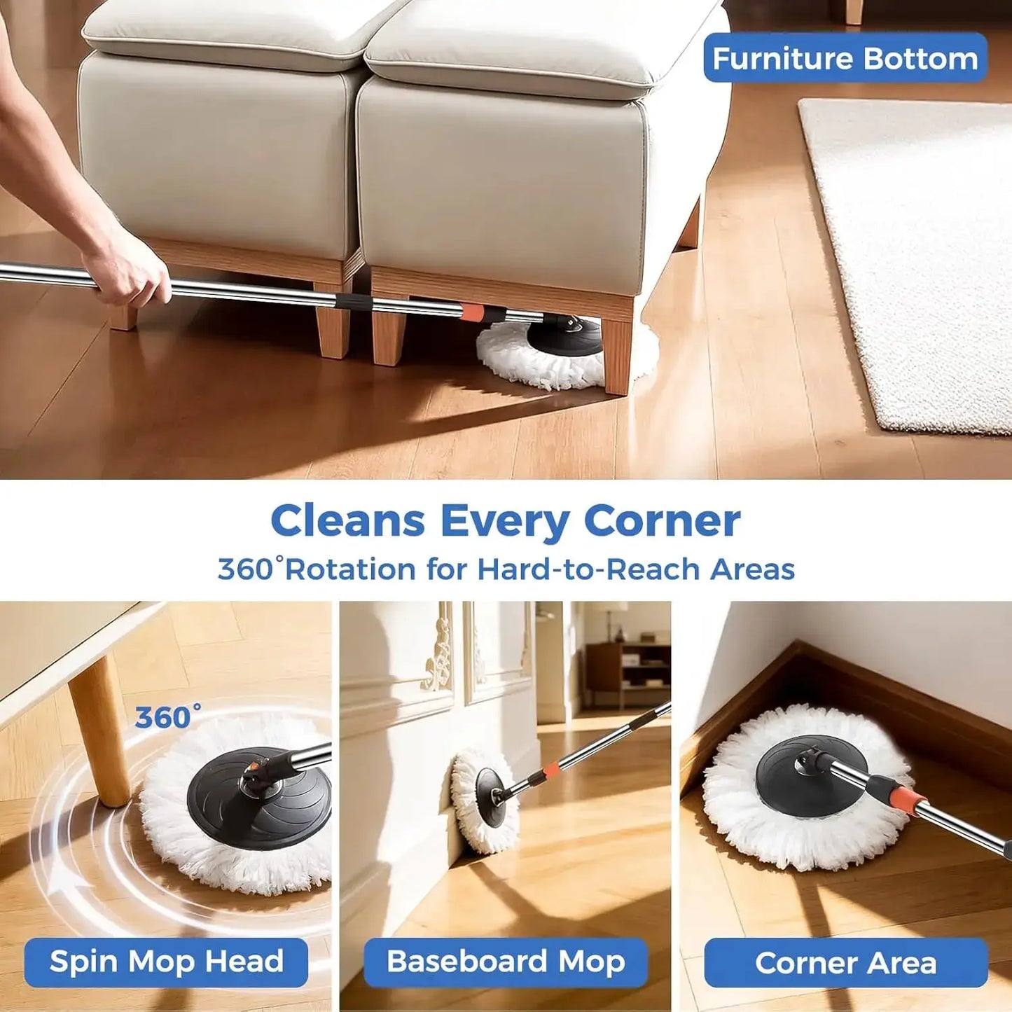 Foldable Spin Mop and Bucket System, Dual-Bucket Cleaning, 2 Reusable Microfiber Mop Heads for Floor Cleaning from PriceLows™