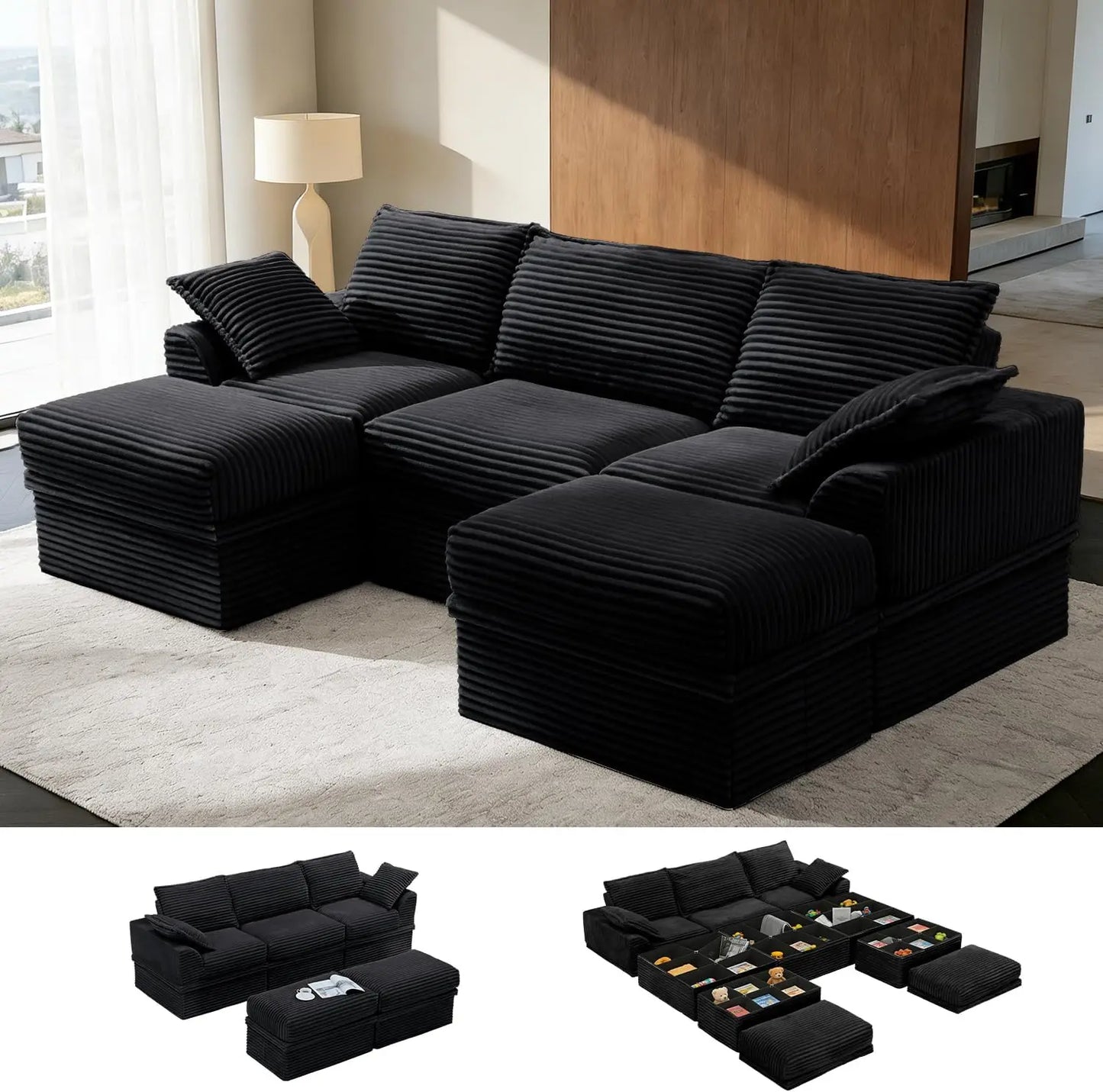 U Shaped Sectional Sofa | Depth 27in | Height 20.5in | 3 Seater Storage Ottoman
