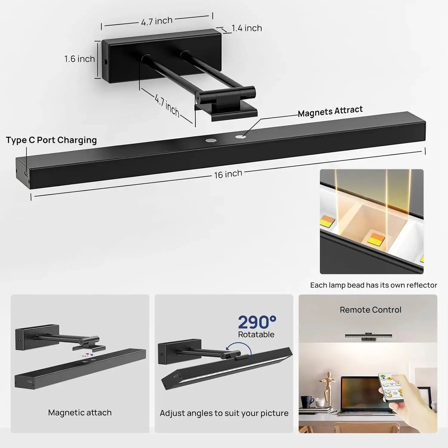 16in Wireless Art Light for Paintings CCT Dimmable Recharging Battery Picture Light with Remote Control for Gallery Dartboard from PriceLows™