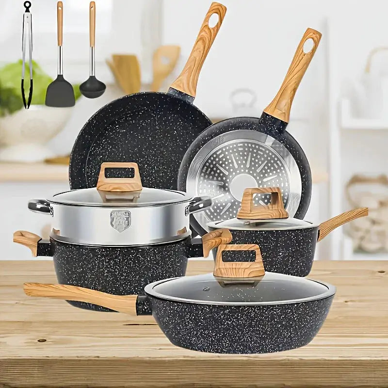 12pcs Pots And Pans Set, Non-Stick Kitchen Cookware Set, Cookware Black Granite Cooking Set with Frying Pan, Crock Pot, Steamer from PriceLows™