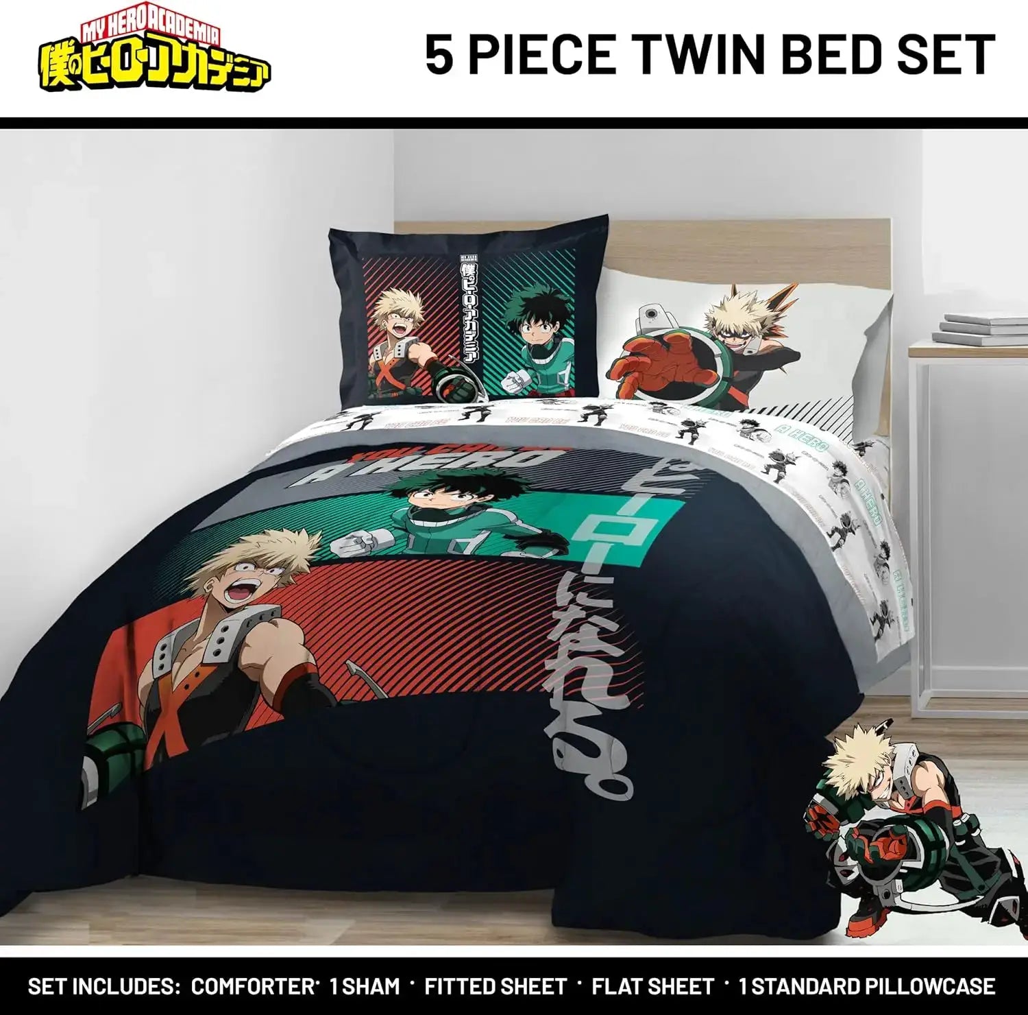 My Hero Academia Twin Comforter Set with Sheets and Pillow Covers - Soft Brushed Microfiber Bedding for Kids Bedroom from PriceLows™