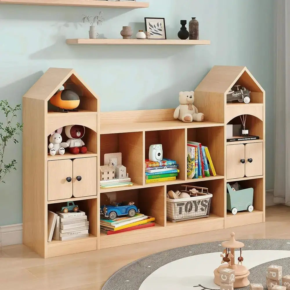 Children's Castle-Shaped Bookcase and Toy Organizer, Oak Finish, Multipurpose Storage for Playroom from PriceLows™