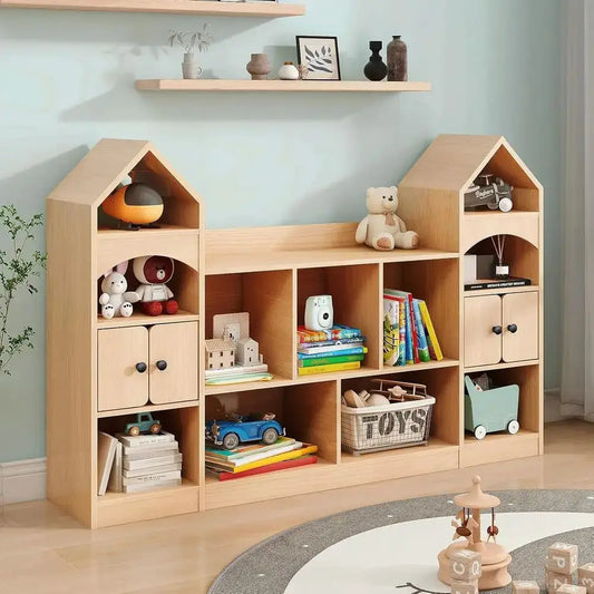 Children's Castle-Shaped Bookcase and Toy Organizer, Oak Finish, Multipurpose Storage for Playroom from PriceLows™