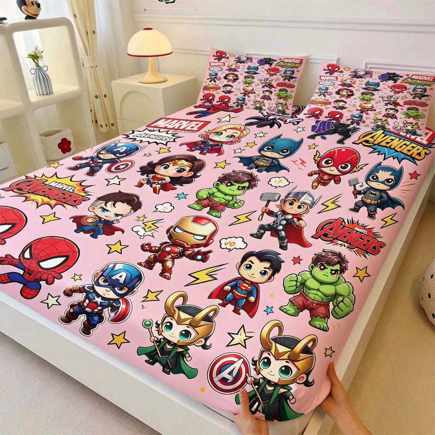 Marvel & DC Cartoon Fitted Sheet Set Chibi Superhero Bed Linen with Pillowcases Deep Pocket Gaming Room Fan Room Kids Room Decor from PriceLows™