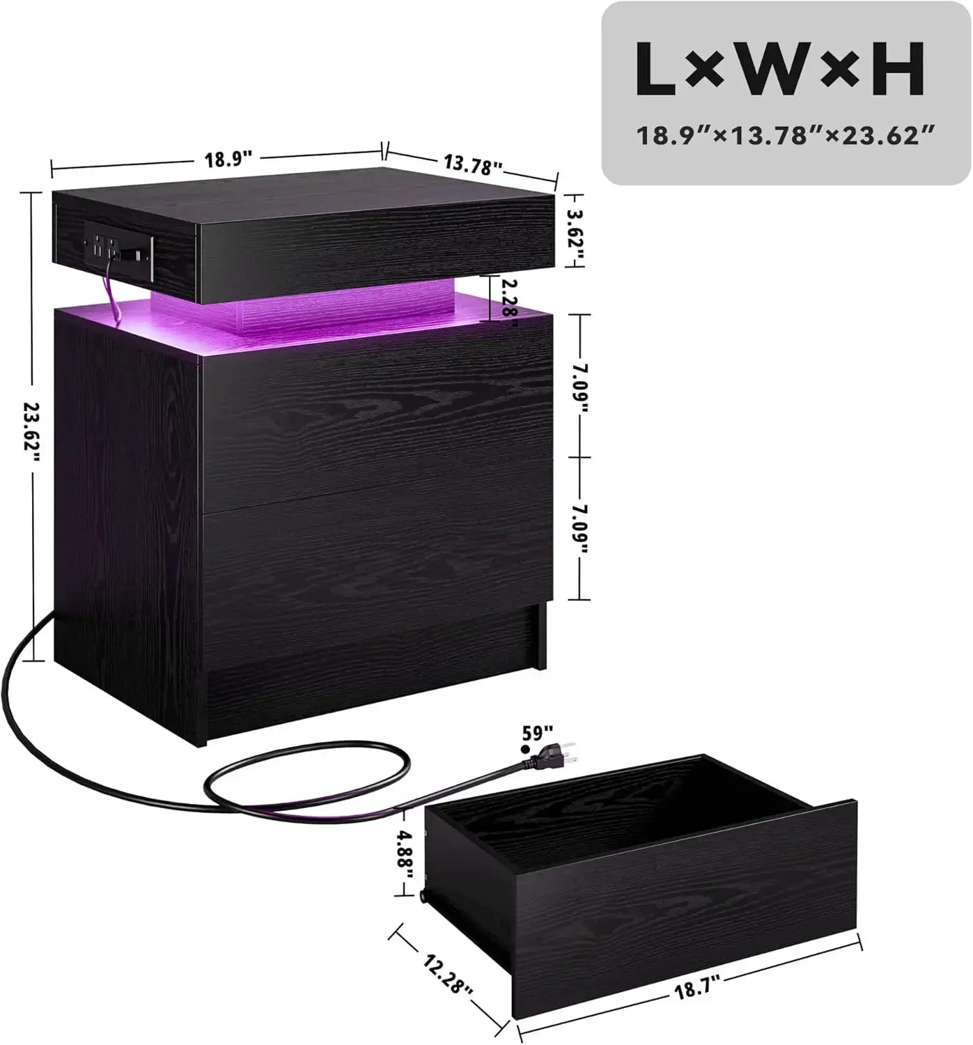 Modern Nightstand Set of 2 with Charging Station & LED Light, Bedside Tables for Bedroom from PriceLows™