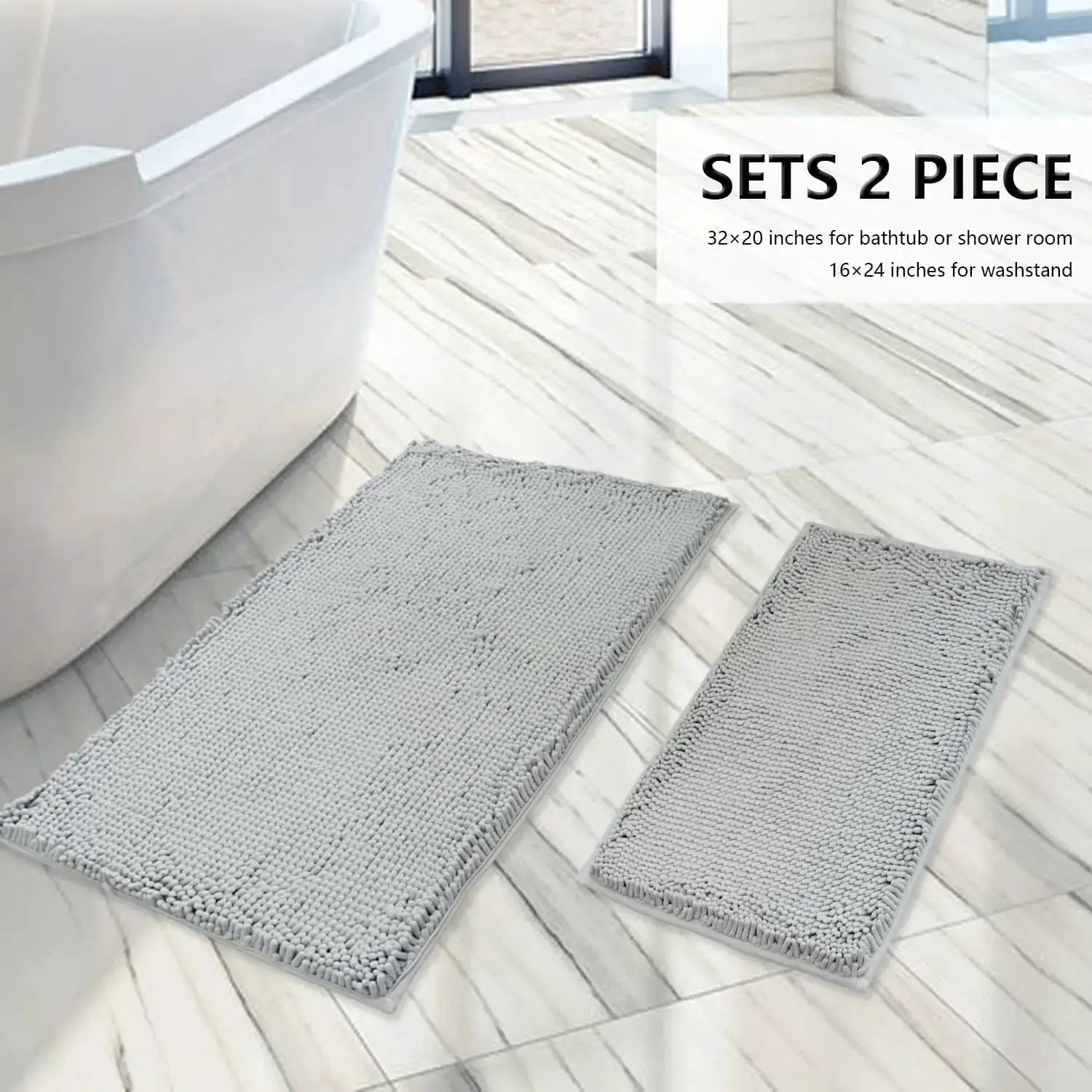Ultra Soft Chenille Bath Mat Set 2-Piece, Non-Slip Absorbent Bathroom Rugs, Machine Washable (32x20+24x16 Inch, Light Grey) from PriceLows™