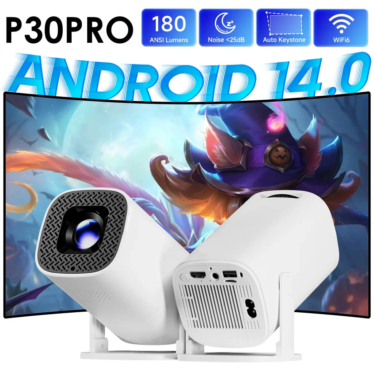 Smart Mini Projector | Android 14 | 180 Ansi Lumens | 4K Support