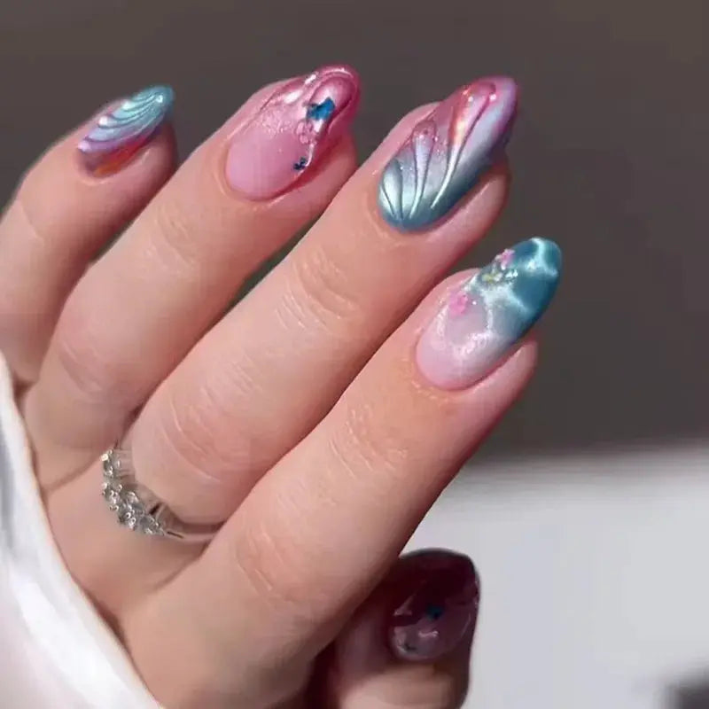 Almond Press On Nails | Acrylic Finish | Pearl Flower Design | 24 Piece Set