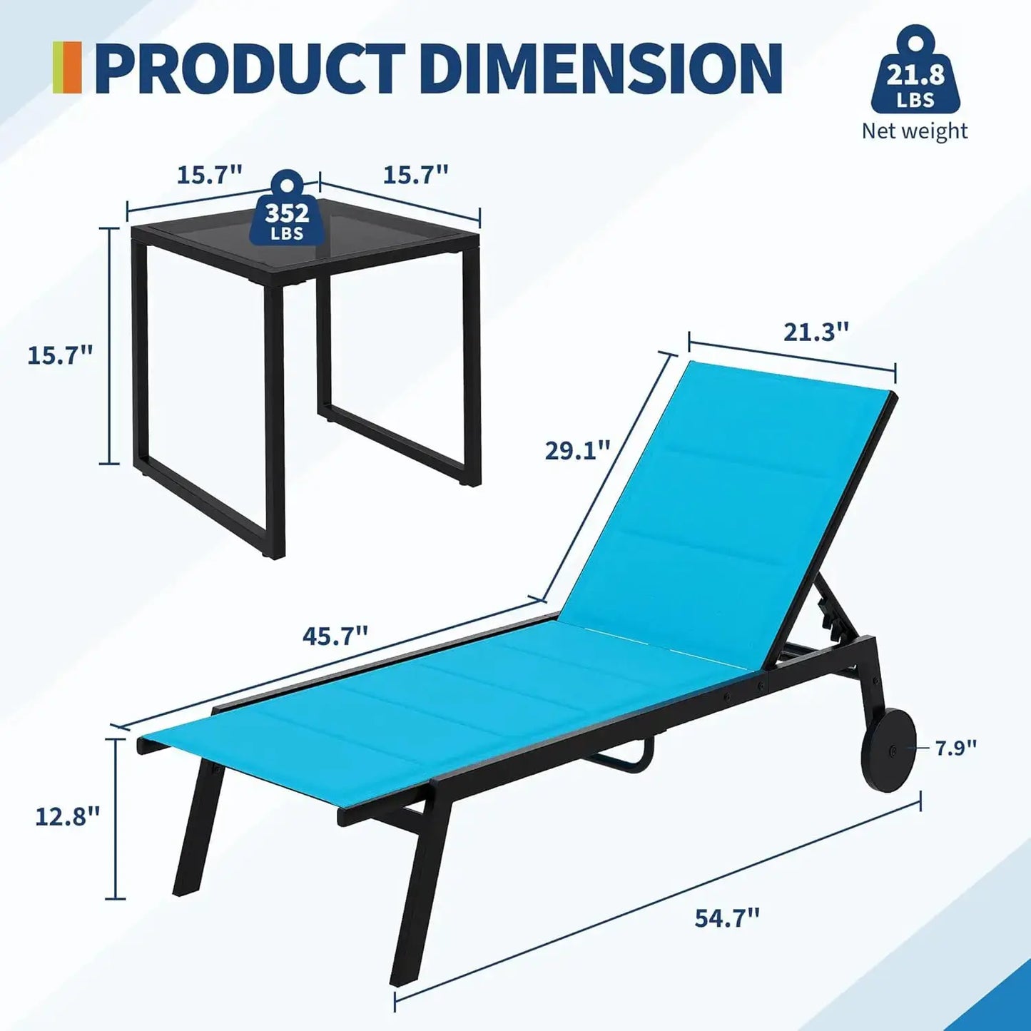 3 Pieces Patio Chaise Chairs Set, Pool Loungers with Side Table, outdoor Chaise Lounges Chair with Wheels, Adjustable Position from PriceLows™