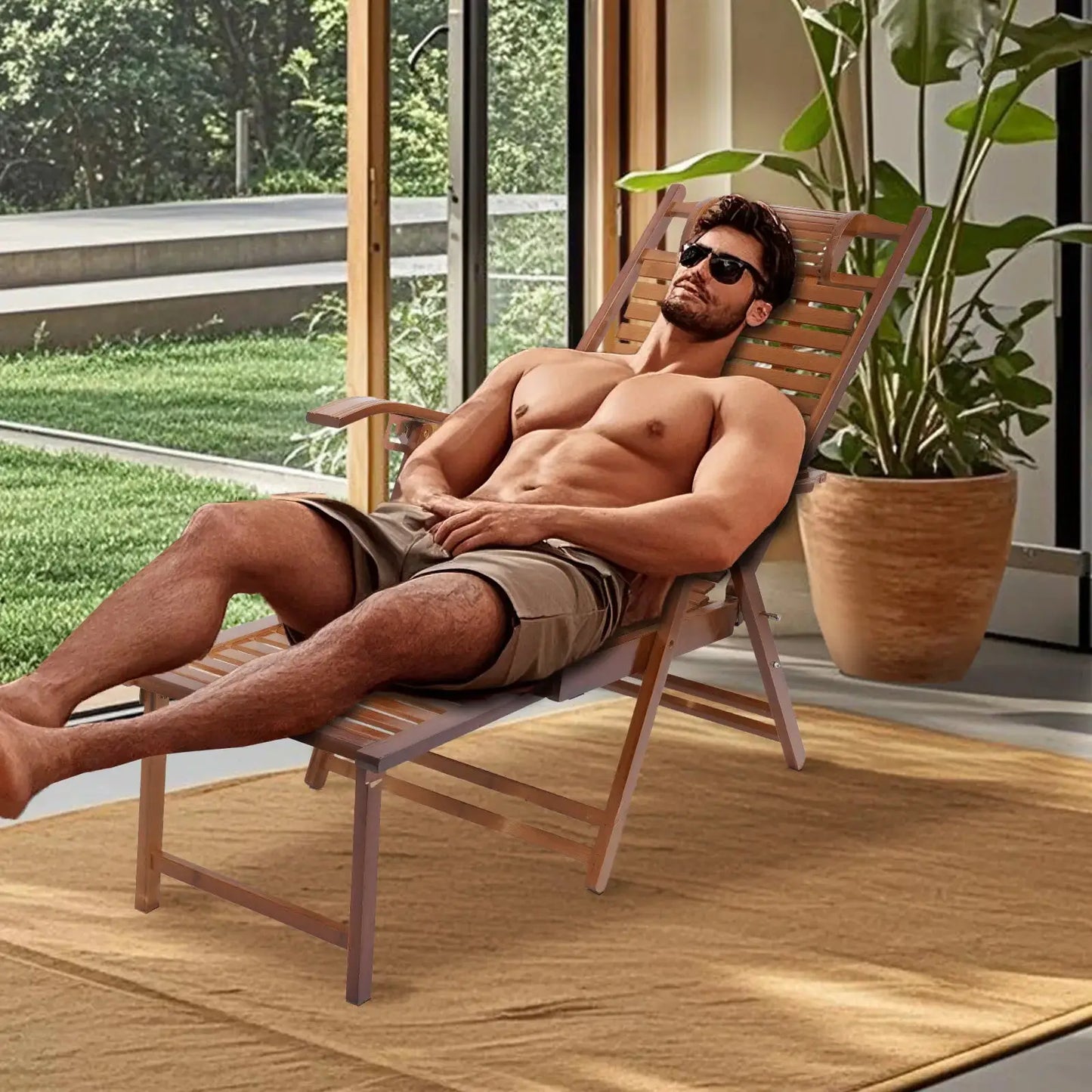 Bamboo Folding Lounge Chair Adjustable Backrest(Maximum 160°) Folding Chair with Massage Hammer for Terrace Bedroom Garden from PriceLows™