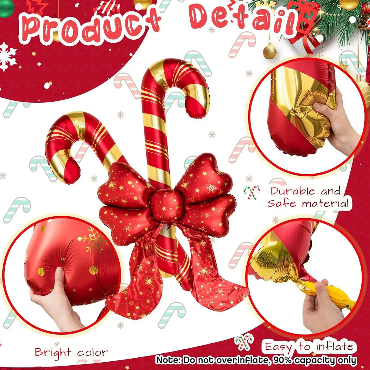 Giant Christmas Balloon Set | 3 Piece | Red Bow And Candy Cane | 5.7 Feet