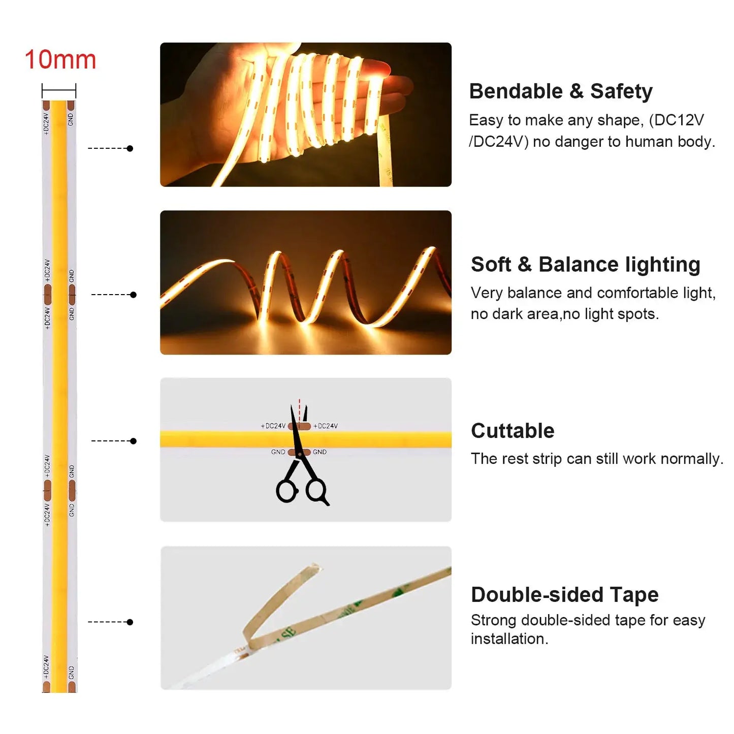 Linear Dimmable 24V 12V COB LED Strip Light 528LEDs/m High Density Flexible LED Ribbon Tape Ra90+ 3000K 4000K 6500K LED Lighting from PriceLows™