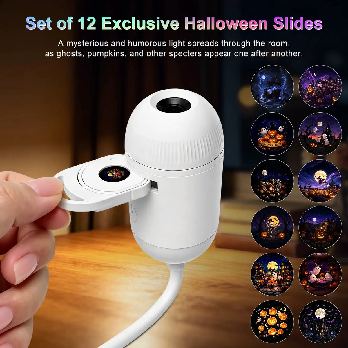 Halloween Projector Night Lamp | 12-in-1 LED Patterns | USB Powered | Wall & Car Decor
