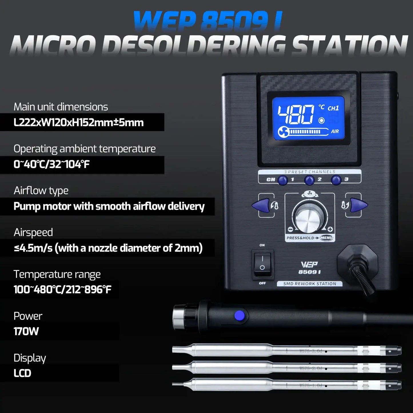 Precision Hot Air Rework Station For Micro Component BGA SMD PCB Desoldering 0.5mm Nozzle Heat Gun Soldering Station 8509-I WEP from PriceLows™