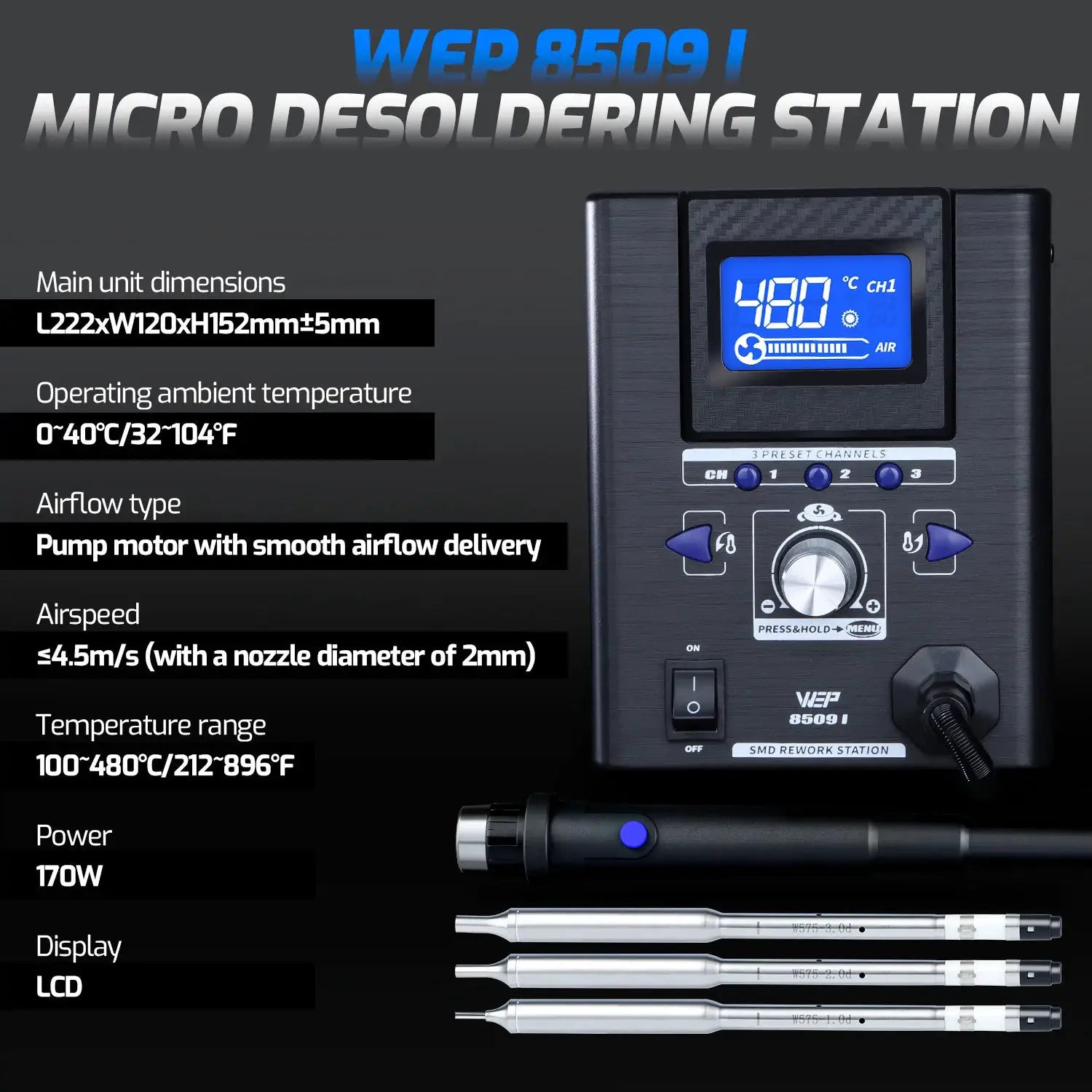 Precision Hot Air Rework Station For Micro Component BGA SMD PCB Desoldering 0.5mm Nozzle Heat Gun Soldering Station 8509-I WEP from PriceLows™