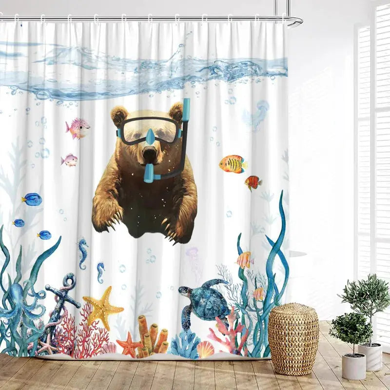Funny Diving Cat Dog Shower Curtain Cute Cartoon Bathing Animals Sea Turtle Underwater Scenery Kids Bathroom Curtains Decor Set from PriceLows™