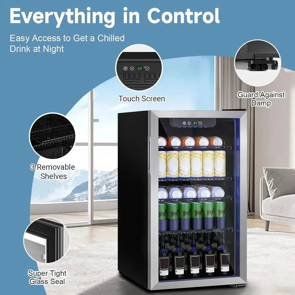 Compact 3.0 Cu. Ft. Beverage Refrigerator with Glass Door, Adjustable Shelves, and Temperature Control for Soda, Beer, or Wine from PriceLows™