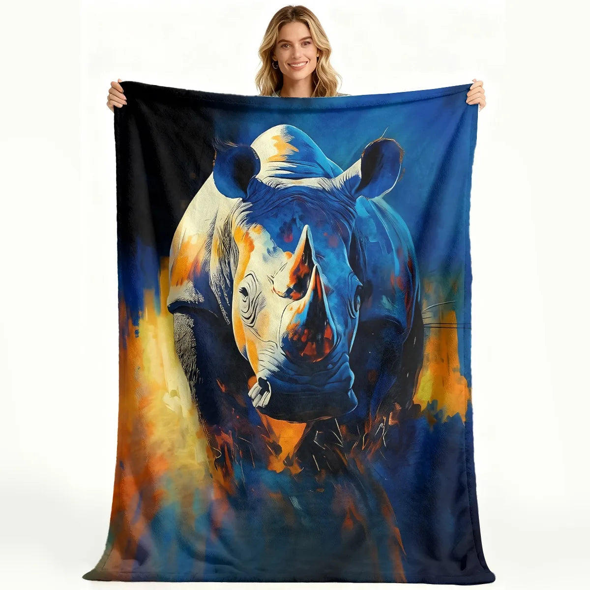 Soft Fleece Throw Blanket | Blue | Rhino Portrait Art Print | One Size