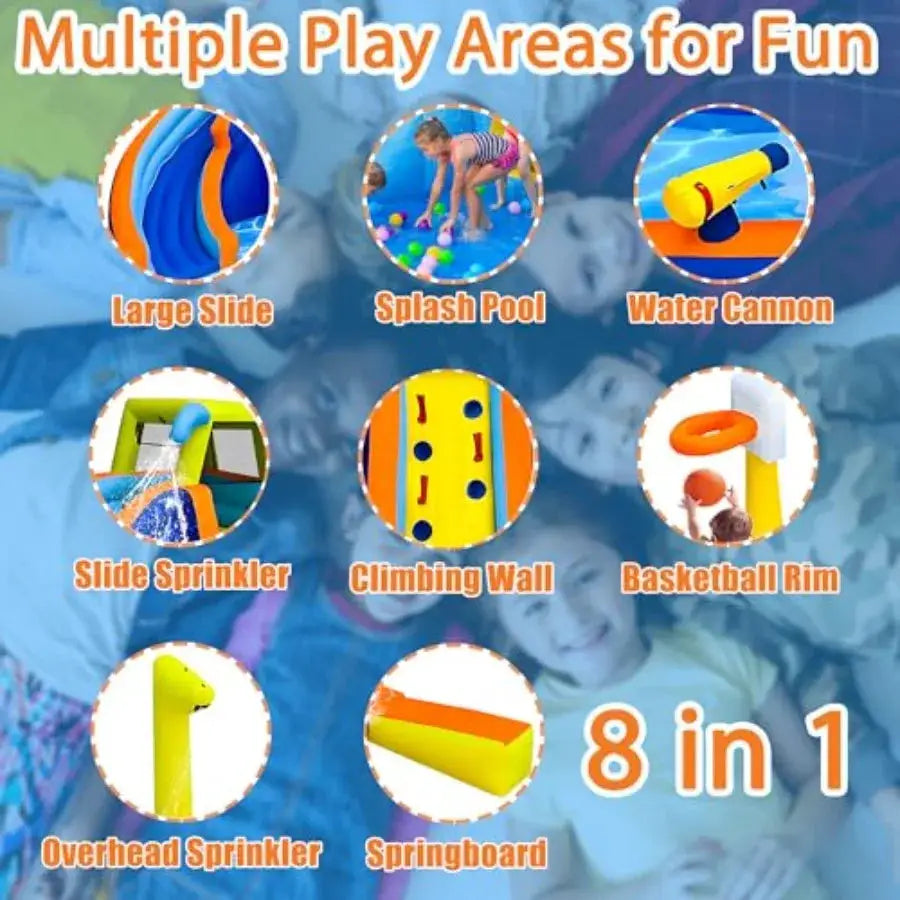 Inflatable Water Slide 8 in 1 Bounce House for Backyard Waterslide with Slide Climbing Wall Splash Pool Basketball Rim Sprinkle from PriceLows™
