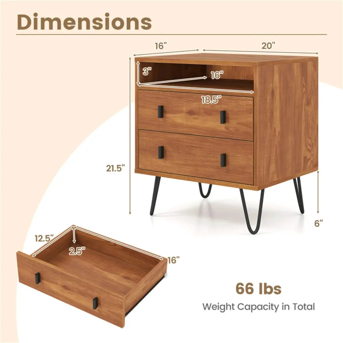 3-in-1 Bedroom Nightstand, Practical Side Table with 2 Drawers & Iron Legs from PriceLows™
