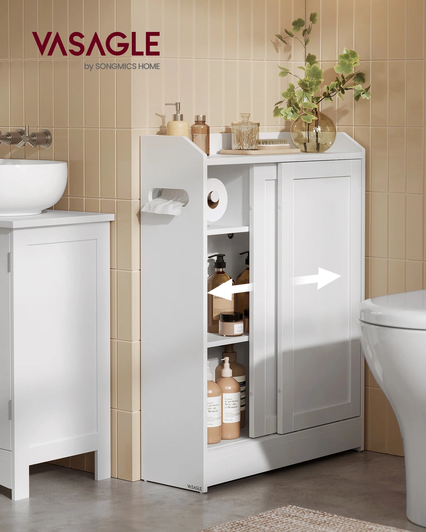 Storage Cabinet | Sliding Doors | Toilet Paper Holder | Slim Cabinet
