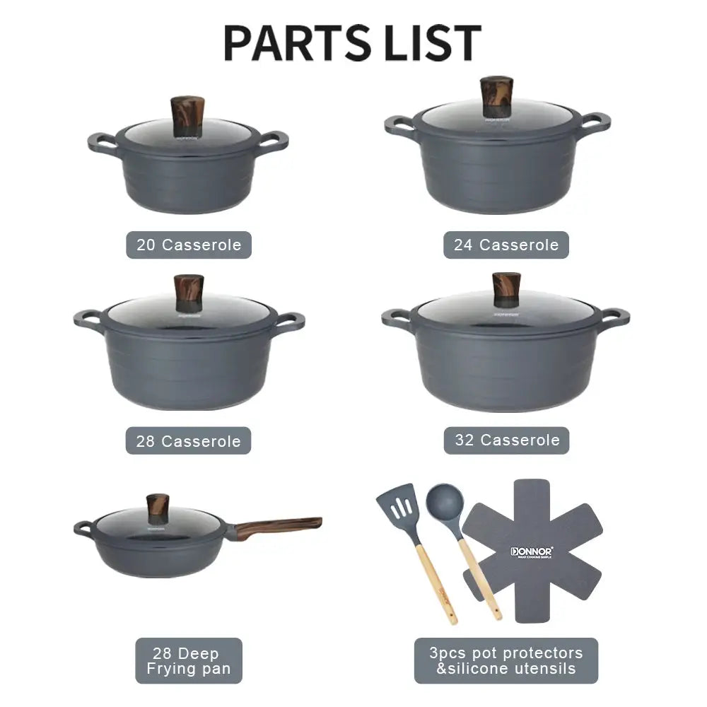 Donnor 15pcs Cookware Set Non-stick Wave Series Casserole Granite Coating Smokeless Kitchenware from PriceLows™
