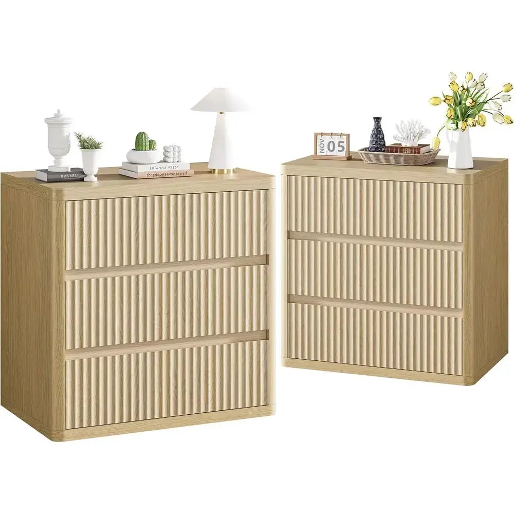 Natural Oak 2-Piece Nightstand Set with 3 Drawers, Storage Bed Table, Modern Curved Handle Design, 25 Wide from PriceLows™