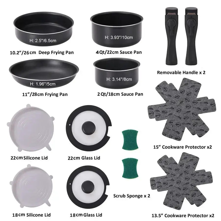Pieces Kitchen Removable Handle Cookware Sets, Stackable Pots and Pans Set Nonstick for Induction Gas RVs Camping Space Saving from PriceLows™