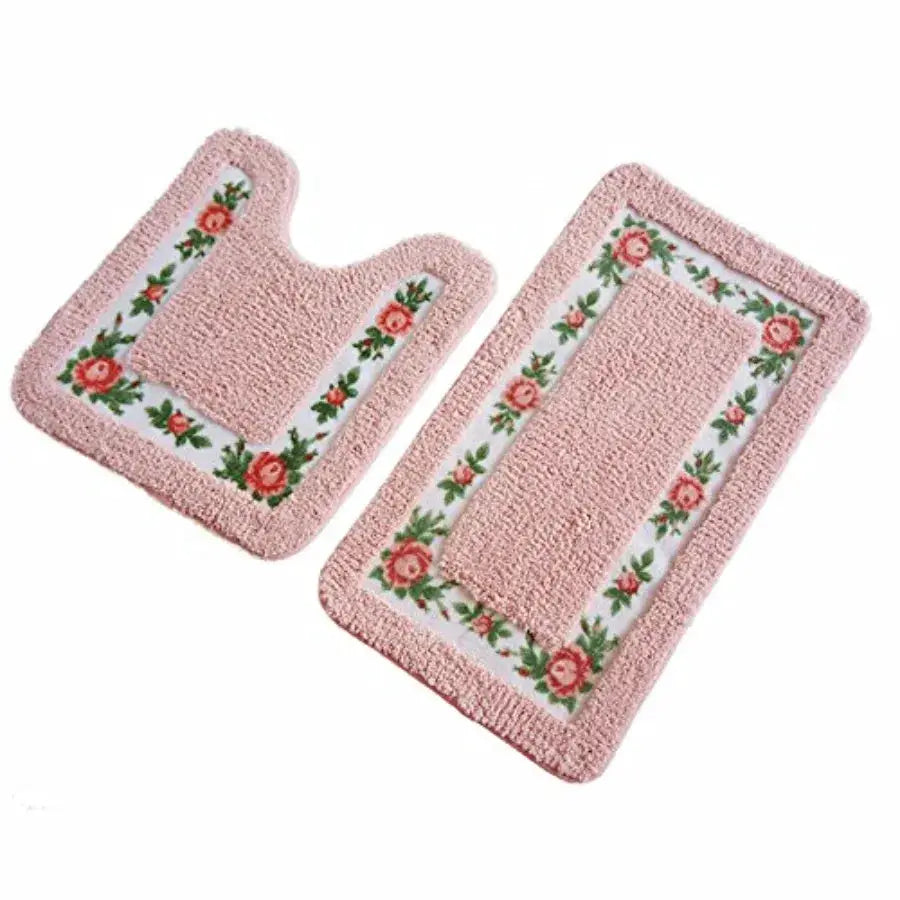 Non-Skid Floral Rose Bathroom Contour Rugs, Set of 2 Soft Shaggy Non Slip Bath Shower Mat and U-Shaped Toilet Floor Rugs from PriceLows™