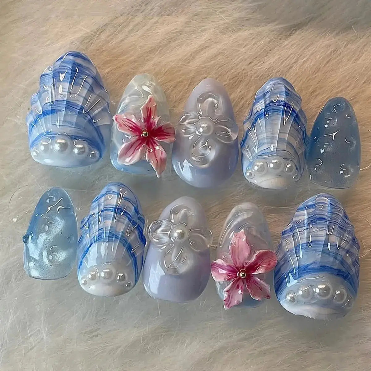 Press On Nails | 3D Seashell Design | Almond Shape | 24 Piece Set