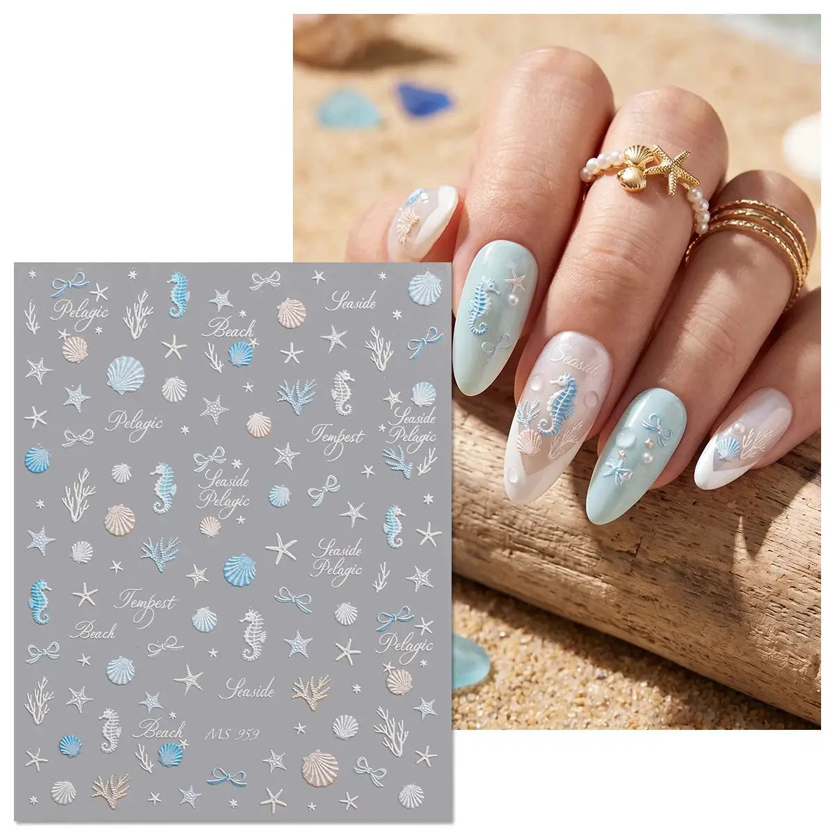 Aurora Ocean Shell Nail Stickers - Summer Beach 3D Relief Sea Star Seahorse Decals - Spring Vacation Nail Tech Supplies from PriceLows™