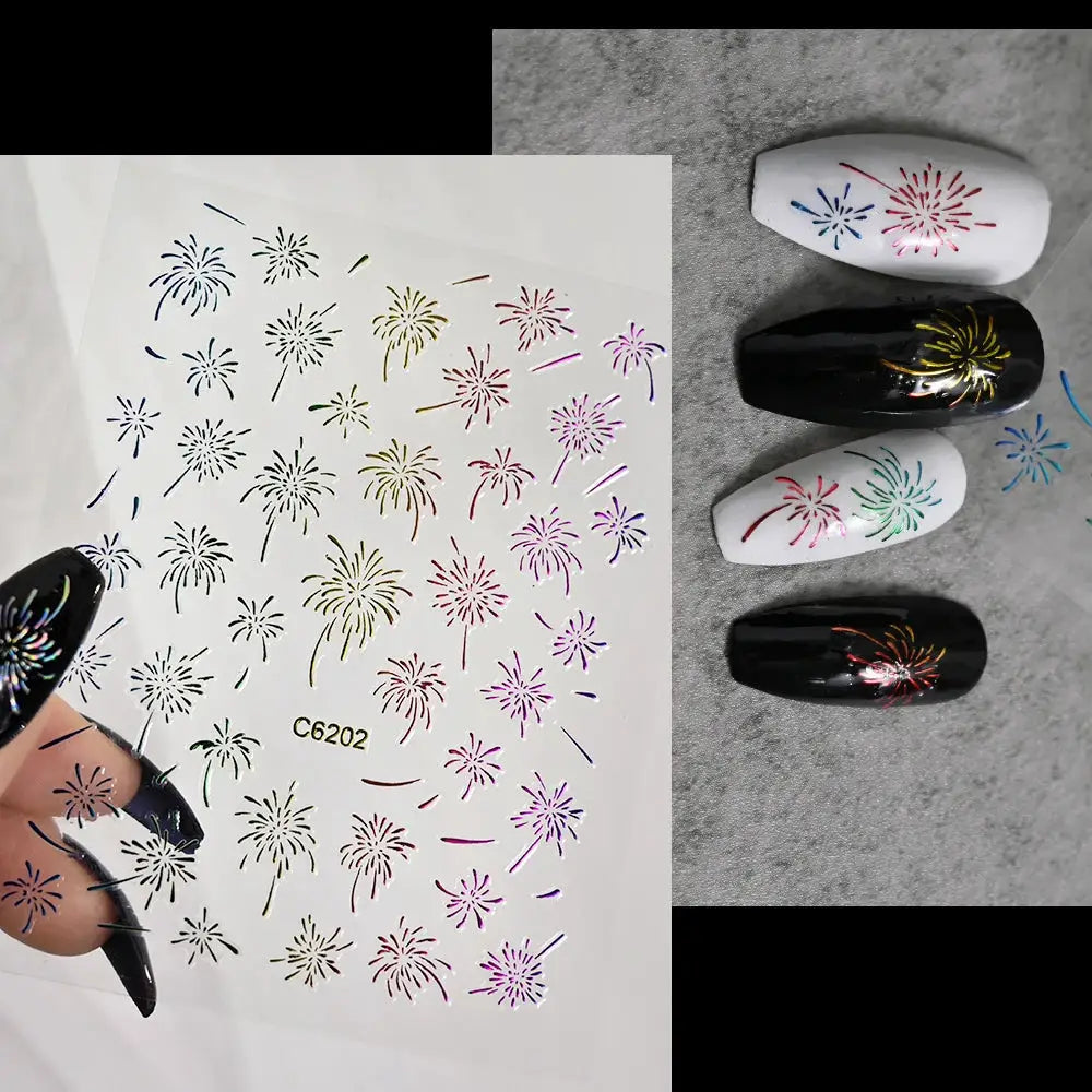 1PC Laser Fire work Nail Stickers 3D Self-Adhesive Blooming Fire-work Nail Decals New Year Firework Design Nail Slider 10*8cm from PriceLows™