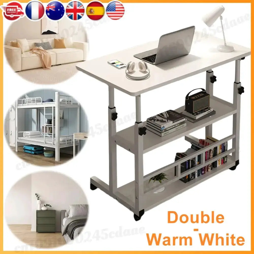 2-Layer Office Desk Movable Bedside Computer Lazy Table with Storage Shelf Laptop Warm White Bedroom Desk Lift Table Furniture from PriceLows™