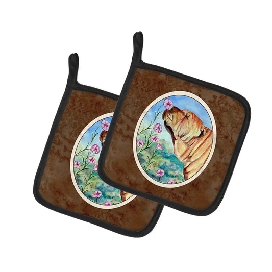 Pot Holder Set of 2 | Heat Resistant Quilted Hot Pads | 7.5 x 7.5 Inch | Shar Pei Smell the flowers