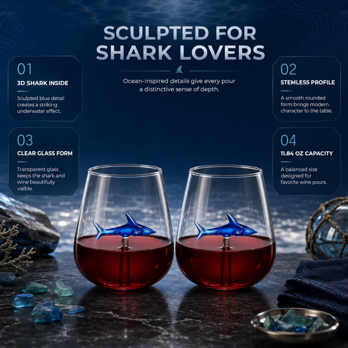 Shark Wine Glasses Stemless Set Lead Free Value