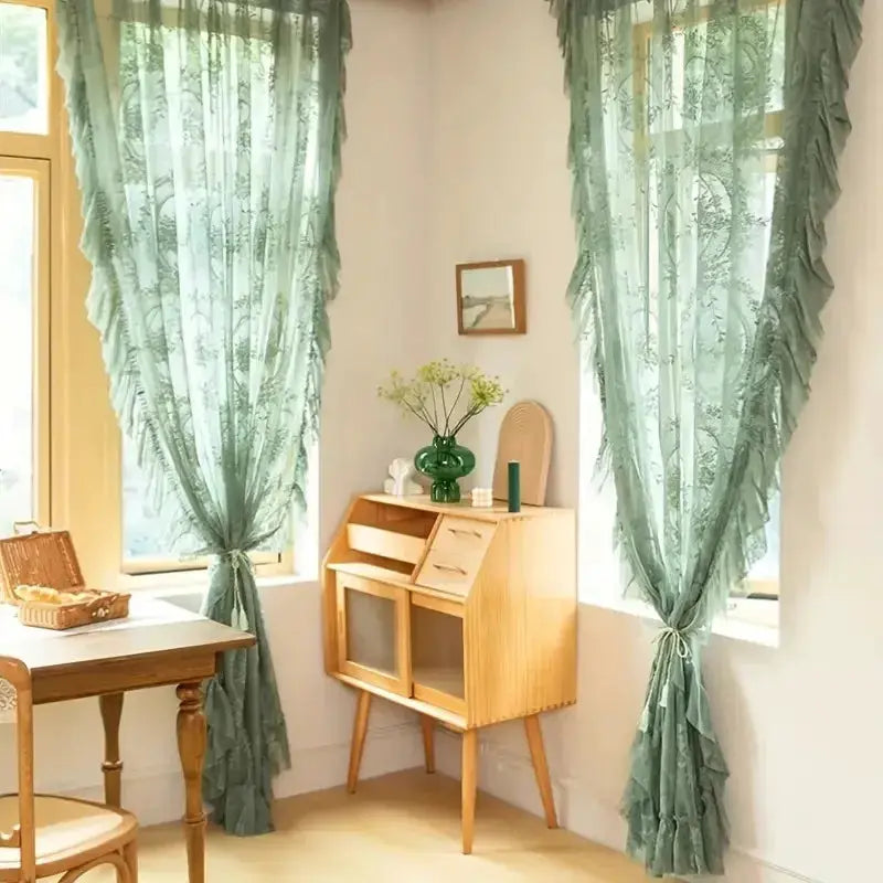 Sheer Tulle Curtains | Green Ruffled Lace | PriceLows™