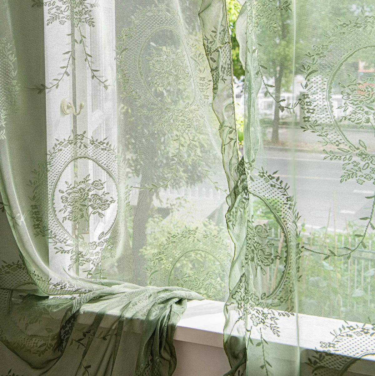 Sheer Tulle Curtains | Green Ruffled Lace | PriceLows™