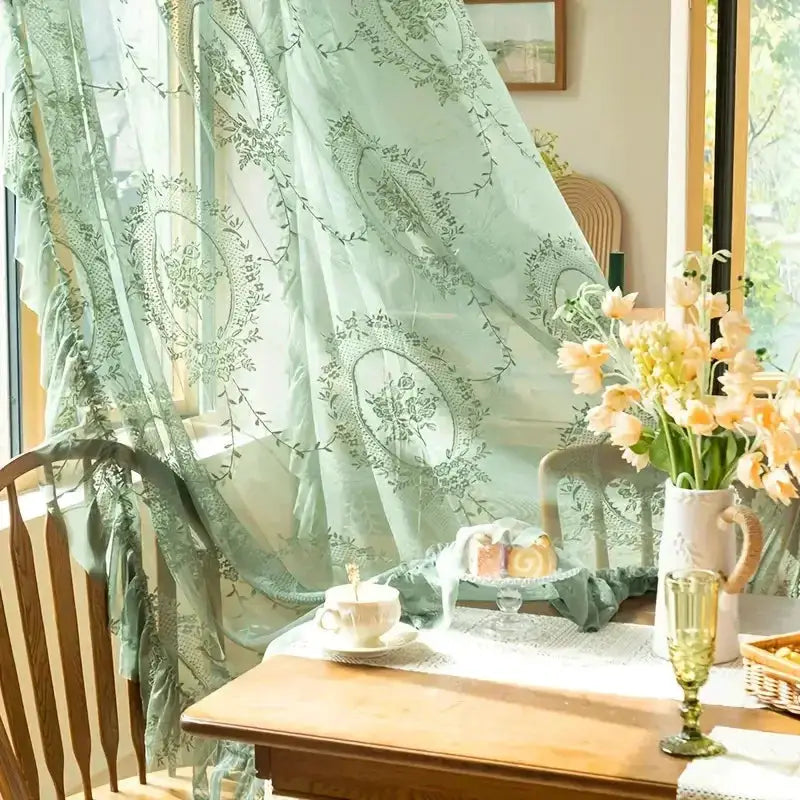 Sheer Tulle Curtains | Green Ruffled Lace | PriceLows™