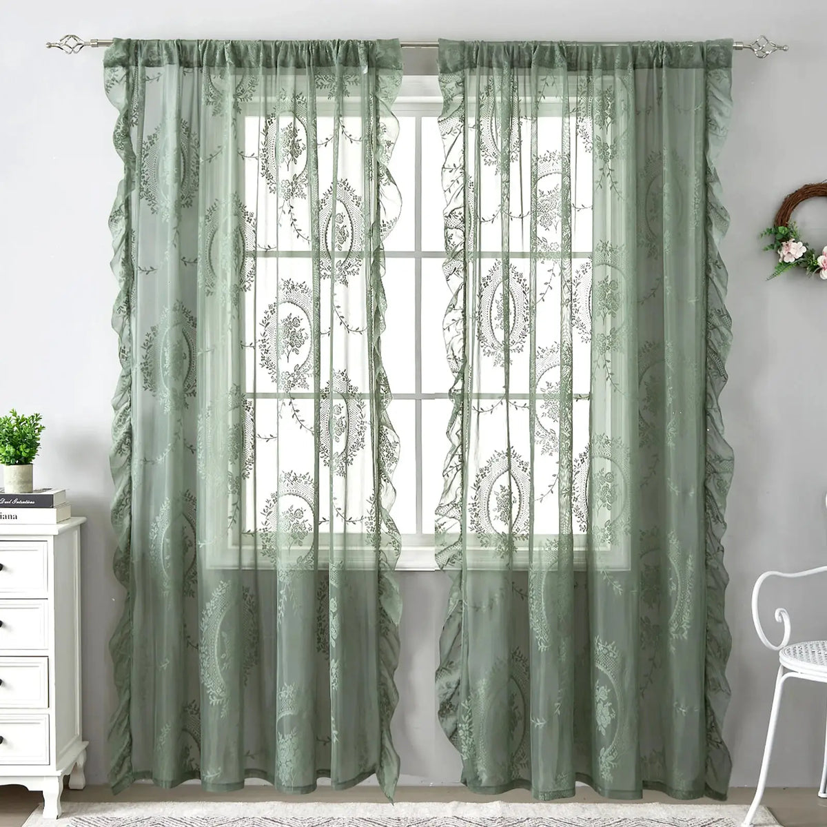 Sheer Tulle Curtains | Green Ruffled Lace | PriceLows™