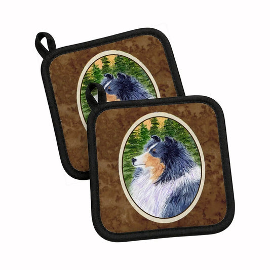 Pot Holder Set of 2 | Heat Resistant Quilted Hot Pads | 7.5 x 7.5 Inch | Sheltie (Style 7)
