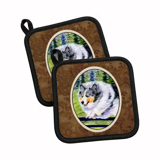 Pot Holder Set of 2 | Heat Resistant Quilted Hot Pads | 7.5 x 7.5 Inch | Sheltie (Style 8)