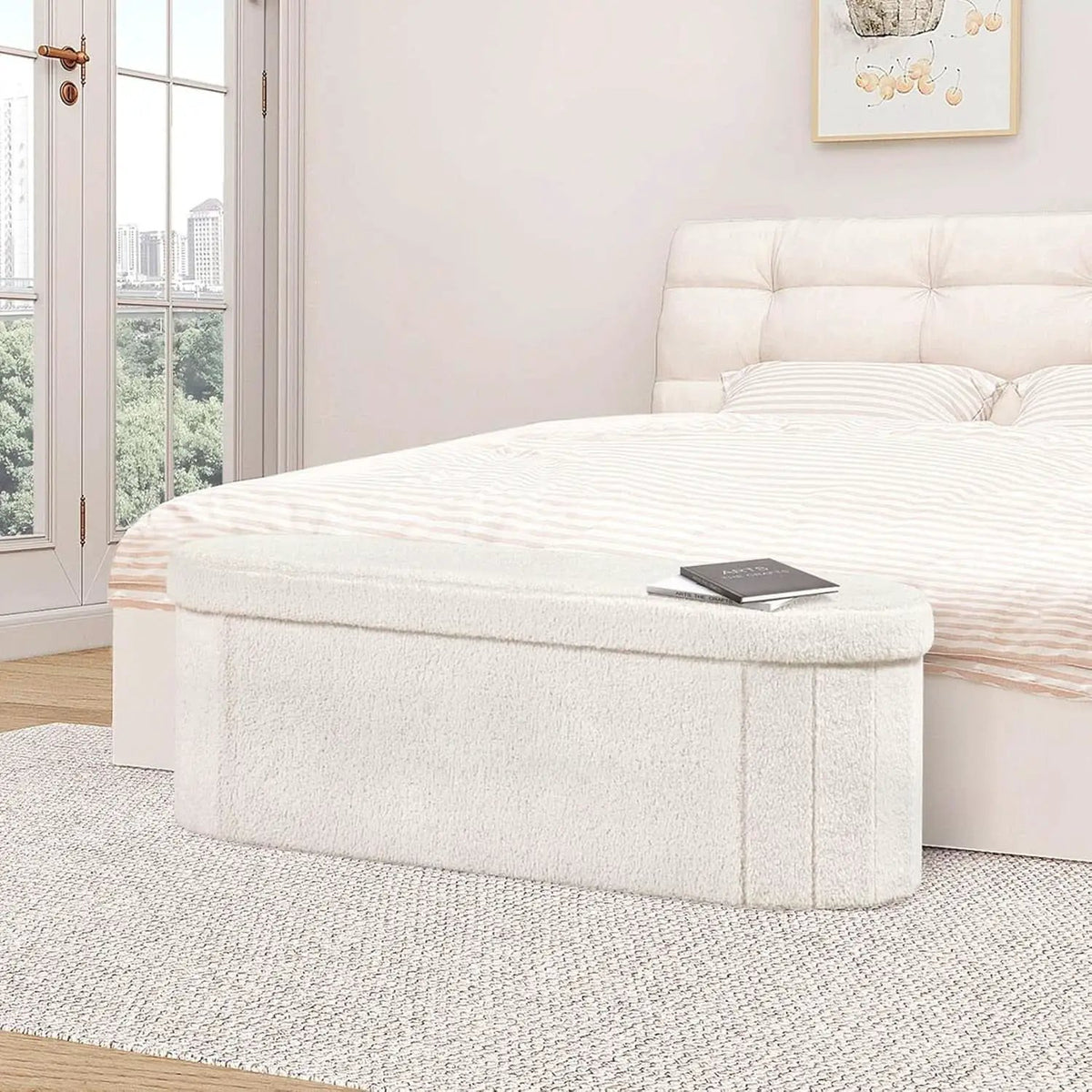Sherpa Lined Folding Storage Ottoman 43.3 Inch White from PriceLows™