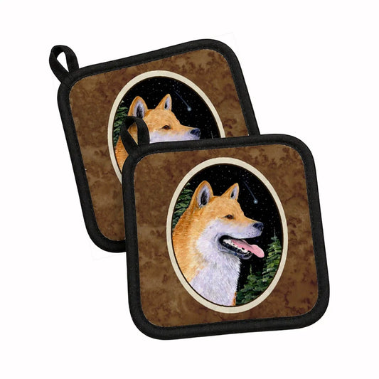 Pot Holder Set of 2 | Heat Resistant Quilted Hot Pads | 7.5 x 7.5 Inch | Shiba Inu