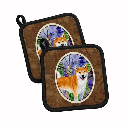 Pot Holder Set of 2 | Heat Resistant Quilted Hot Pads | 7.5 x 7.5 Inch | Shiba Inu (Style 2)