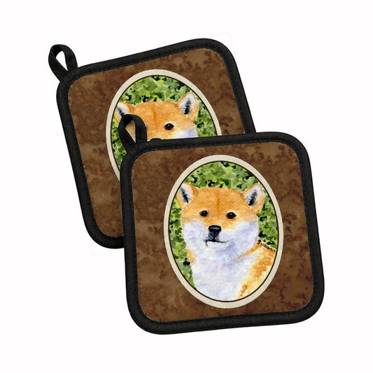 Pot Holder Set of 2 | Heat Resistant Quilted Hot Pads | 7.5 x 7.5 Inch | Shiba Inu (Style 4)